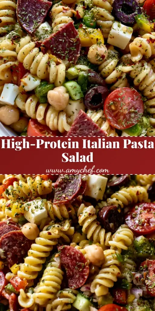A tall, vertical shot of a High-Protein Italian Pasta Salad featuring rotini, salami, and chickpeas in a glossy dressing, perfect for Pinterest meal prep ideas.