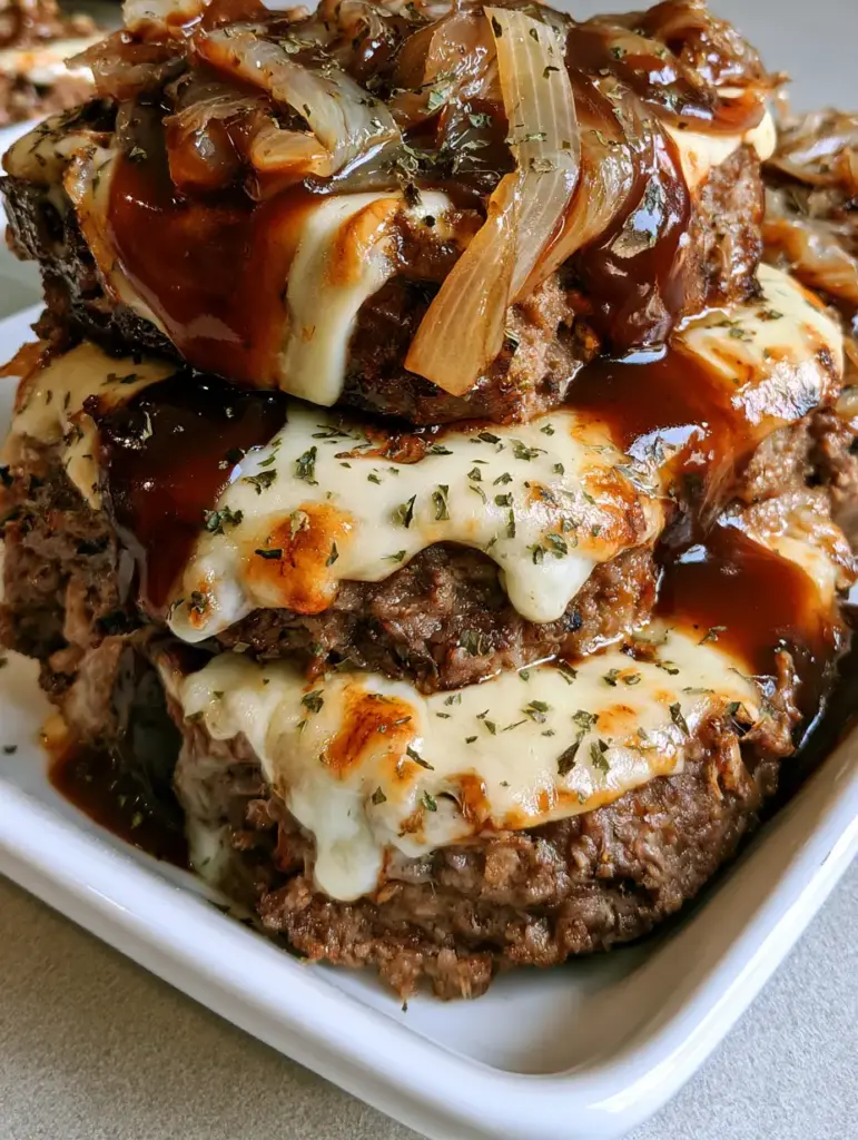 French Onion Meatloaf with Bubbly Swiss and Rich Gravy 2 Close up handheld photo of thick slices of savory French Onion Meatloaf with gooey cheese and herbs. (French Onion Meatloaf)