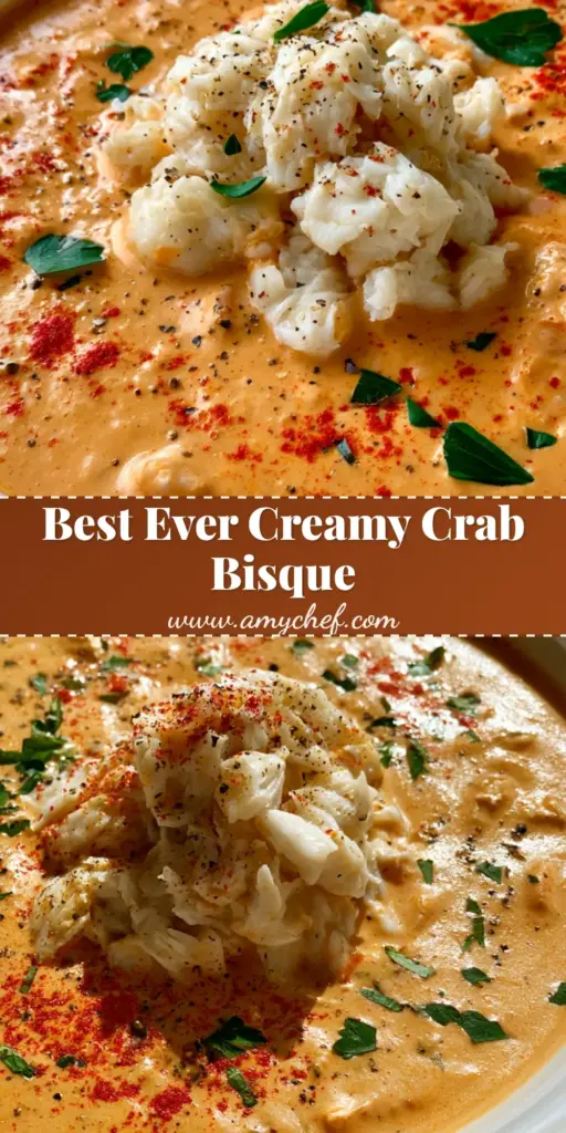 A close-up vertical shot of a Crab Bisque Recipe in a white bowl with a high mound of lump crab, parsley, and paprika dusting.