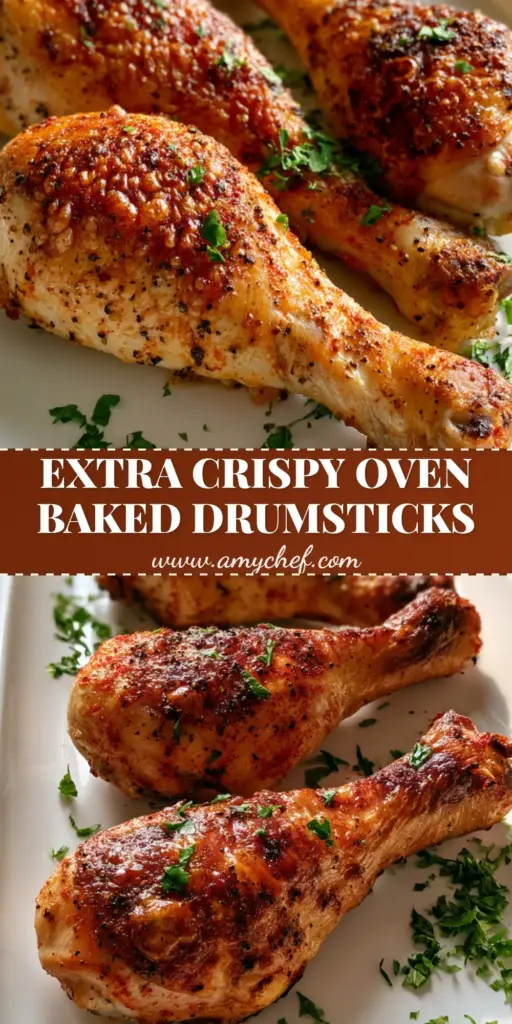 Crispy Oven-Baked Chicken Drumsticks with Golden Skin 3 Three Crispy Oven-Baked Chicken Drumsticks with bubbly golden-brown skin and red paprika seasoning on a white plate.