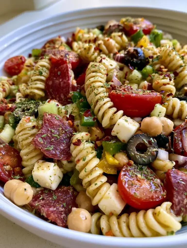 A close-up view of a large white bowl filled with High-Protein Italian Pasta Salad, highlighting glossy rotini, dark red salami, and white mozzarella cubes.