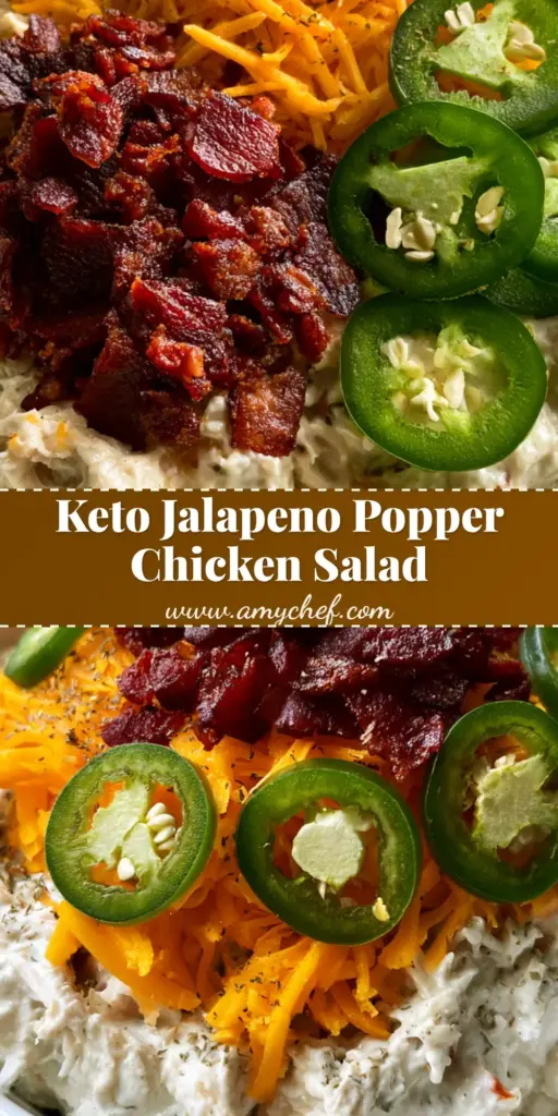 A top-down view of a white bowl filled with Jalapeno Popper Chicken Salad topped with orange cheddar, bacon bits, and sliced jalapenos.