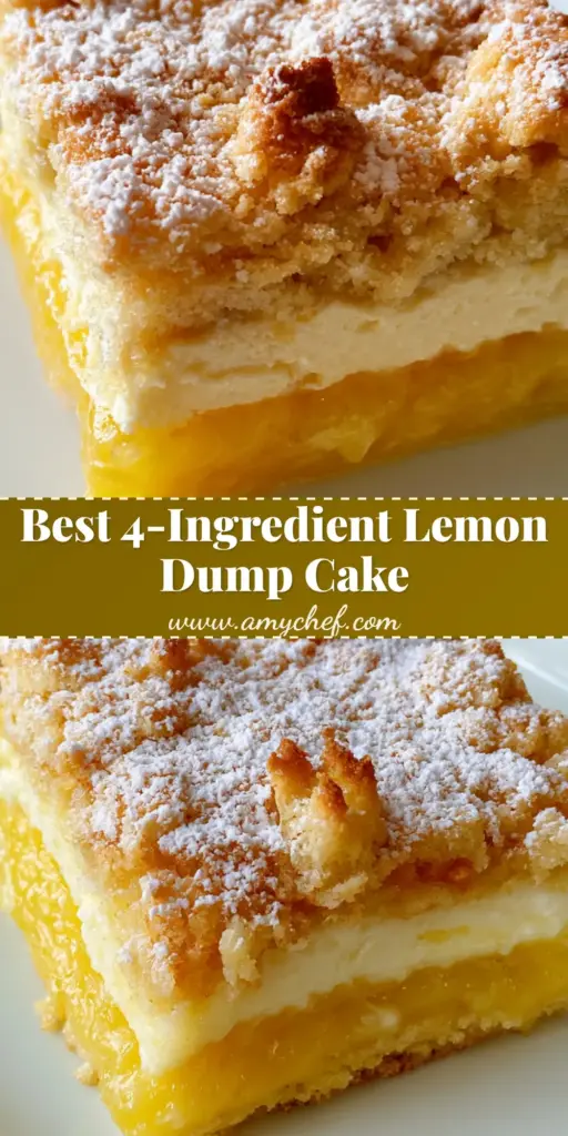 A close-up vertical shot of a square slice of Lemon Cream Cheese Dump Cake showing the gooey yellow lemon layer, white cream cheese, and golden crumble topping.