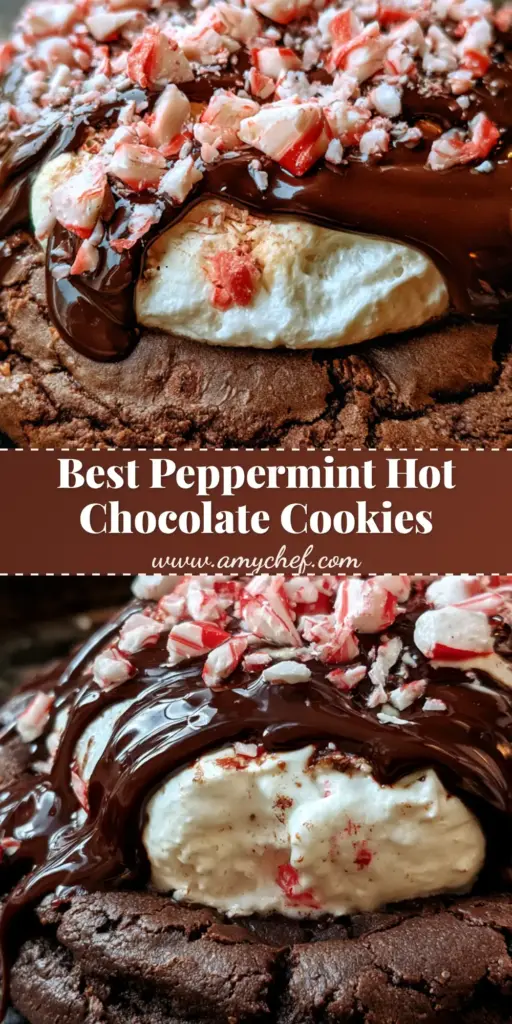A close-up shot of a thick, fudgy Peppermint Hot Chocolate Cookie topped with a puffy white marshmallow, dark chocolate drizzle, and jagged red and white peppermint candy shards on a weathered tray.