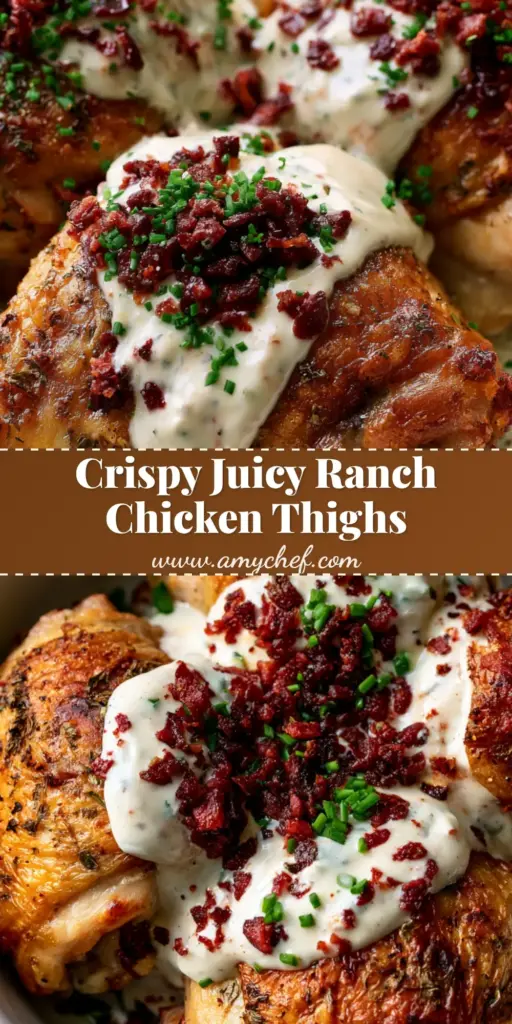 A top-down view of four Ranch Chicken Thighs with crispy skin, creamy white dressing, and bacon crumbles in a white dish. (Ranch Chicken Thighs)