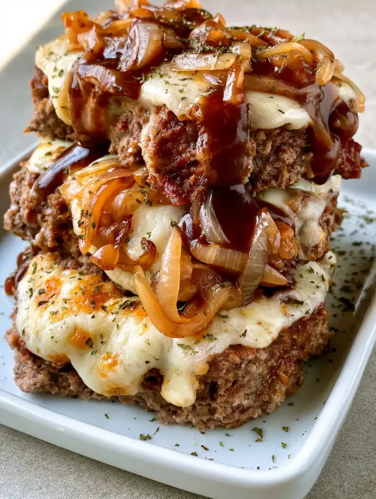French Onion Meatloaf with Bubbly Swiss and Rich Gravy 1 Vertical shot of meatloaf slices cascading with rich brown onion gravy on a light grey countertop.