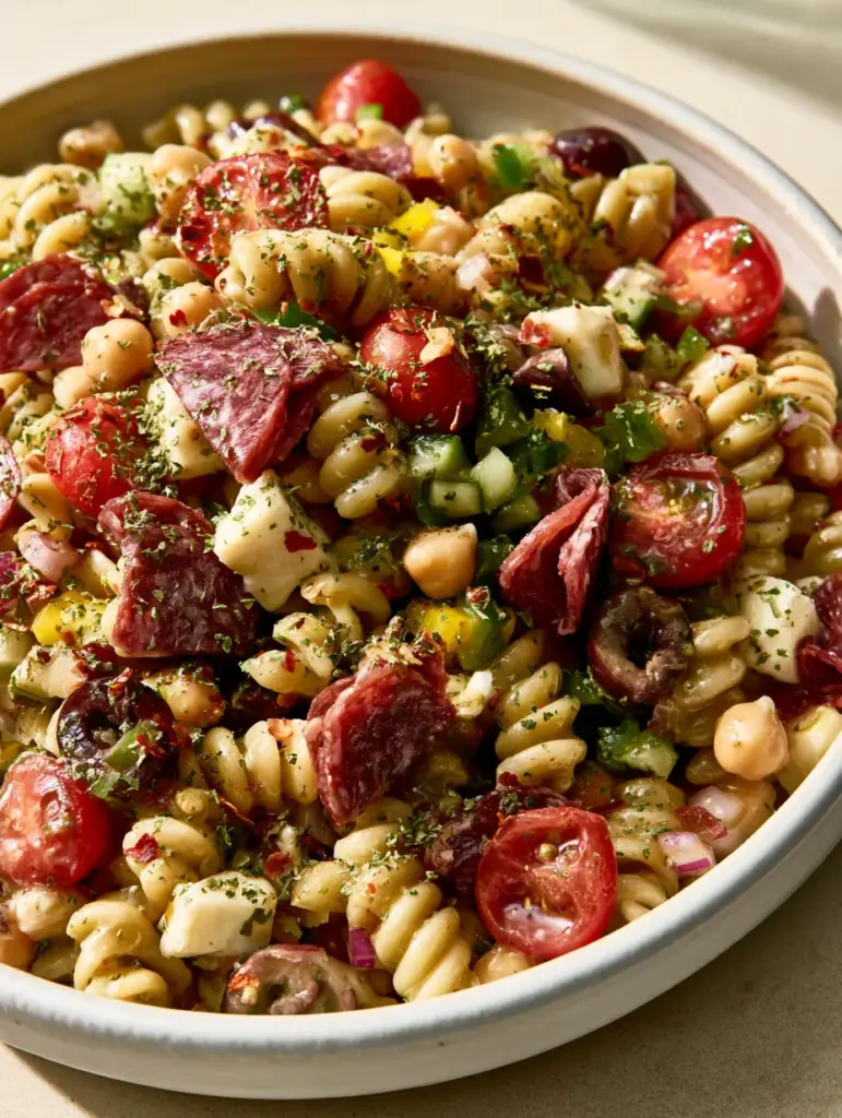 Detailed view of the High-Protein Italian Pasta Salad ingredients including whole chickpeas, diced yellow peppers, and red cherry tomatoes.