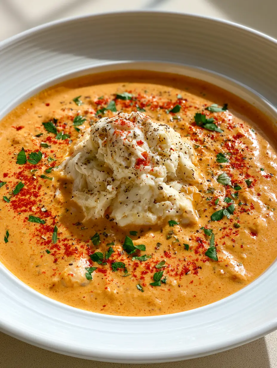 A handheld smartphone photo of a thick velvety orange crab bisque bowl with mounded white crab meat. (Crab Bisque Recipe)