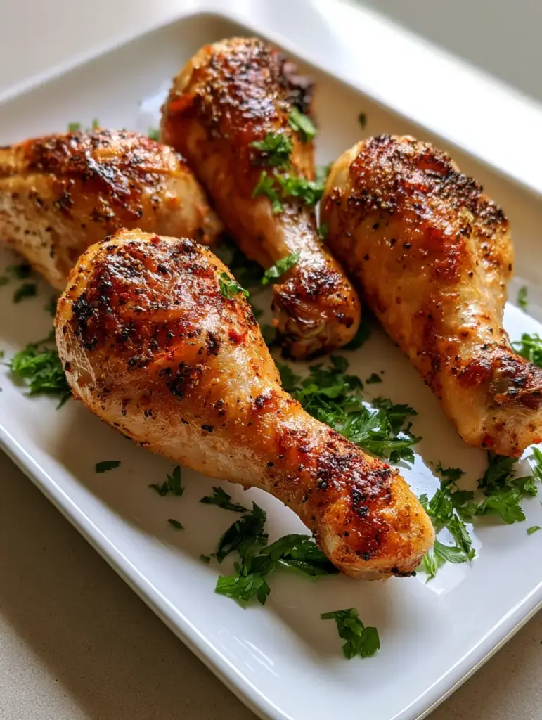 Crispy Oven-Baked Chicken Drumsticks with Golden Skin 2 Close-up of roasted chicken drumsticks with visible black pepper and paprika seasoning. (Crispy Oven-Baked Chicken Drumsticks)
