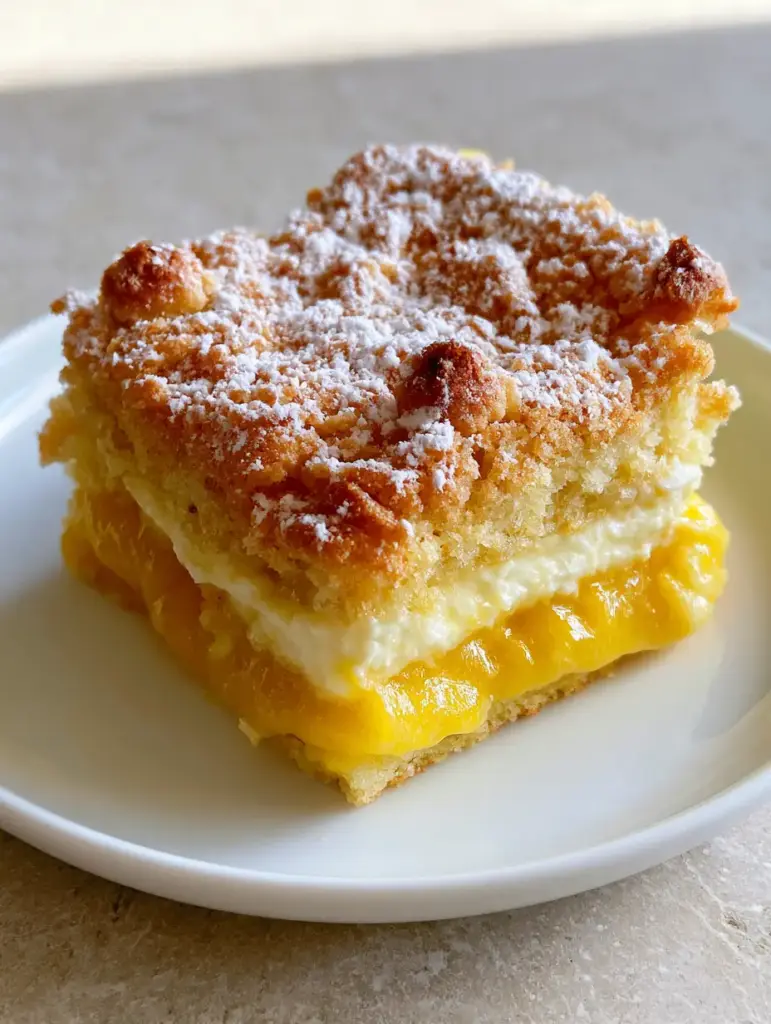 A square of Lemon Cream Cheese Dump Cake on a white plate, highlighting the viscous yellow lemon filling and toasted cake crumble peaks.