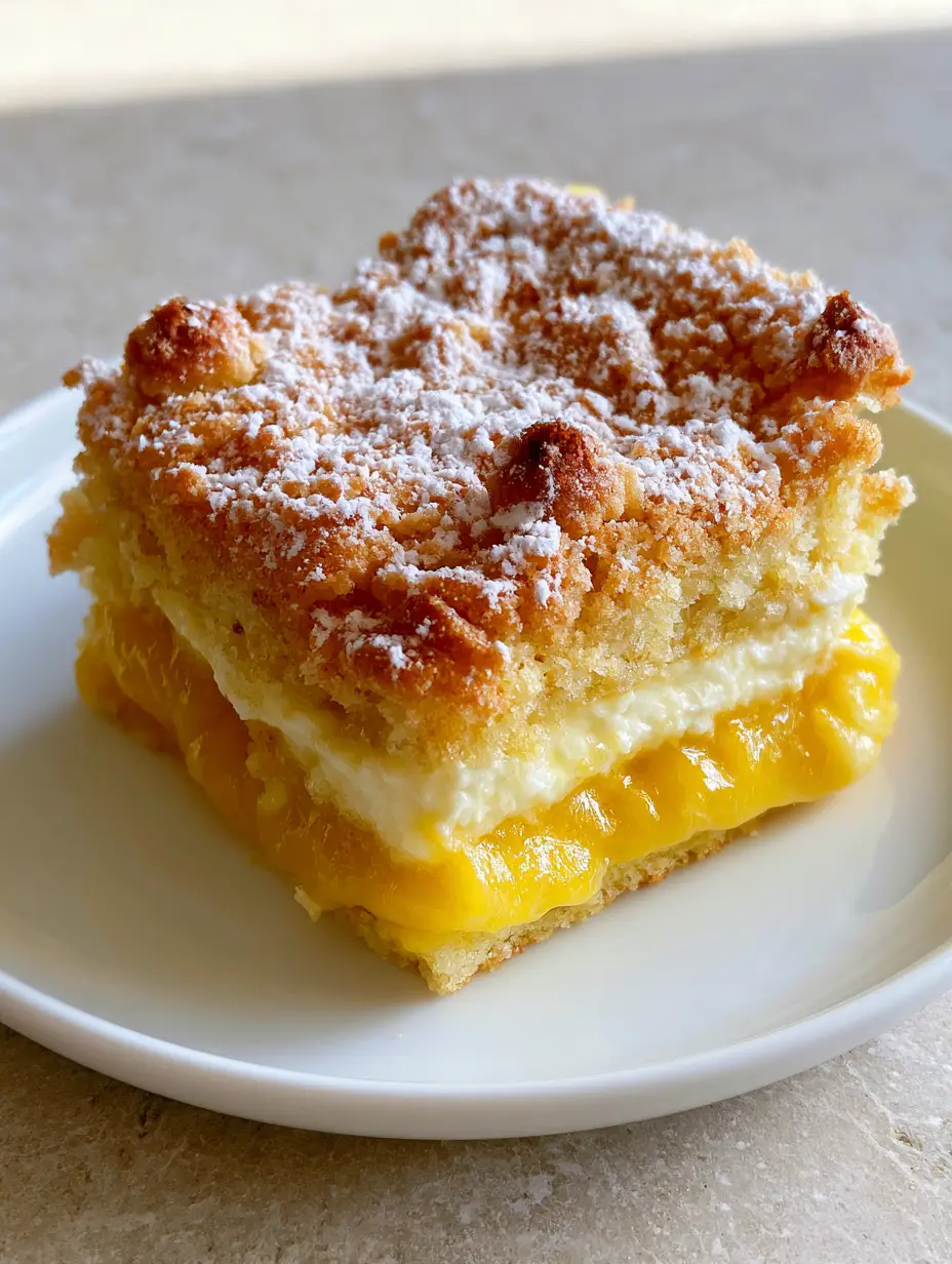 A square of Lemon Cream Cheese Dump Cake on a white plate, highlighting the viscous yellow lemon filling and toasted cake crumble peaks.