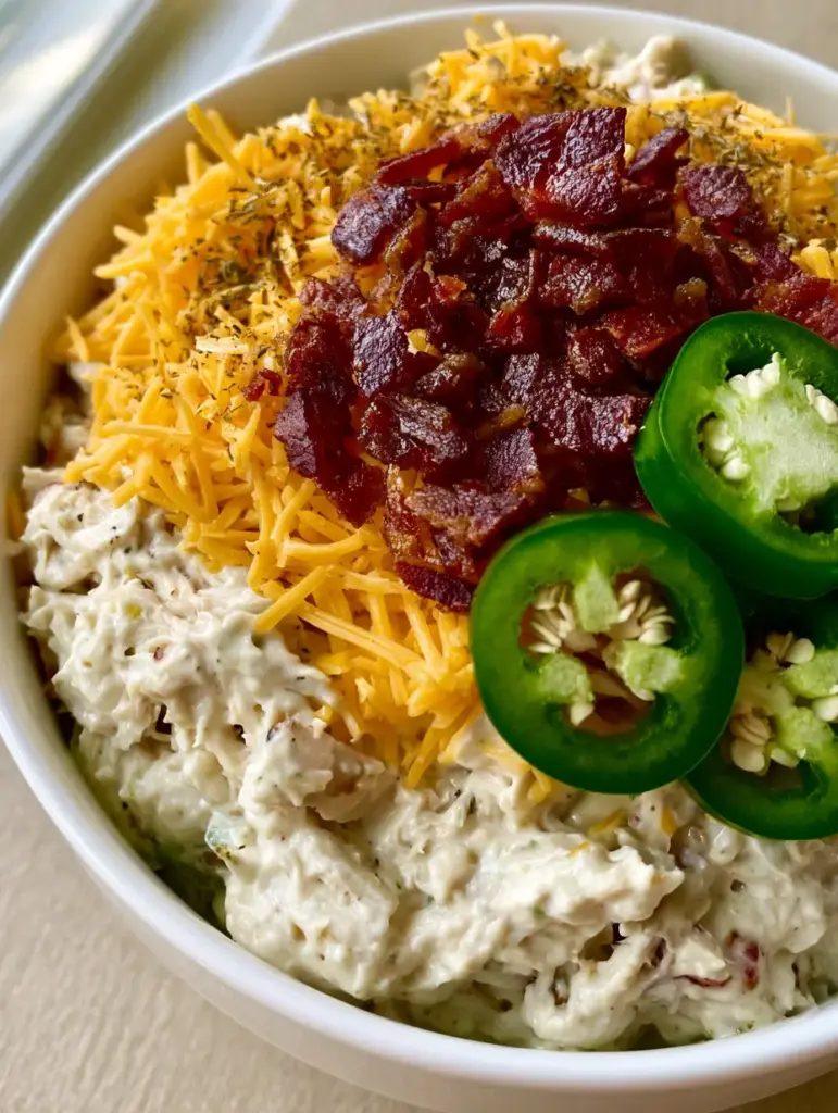 Close-up of shredded white meat chicken coated in creamy dressing with fresh jalapeno slices. (Jalapeno Popper Chicken Salad)