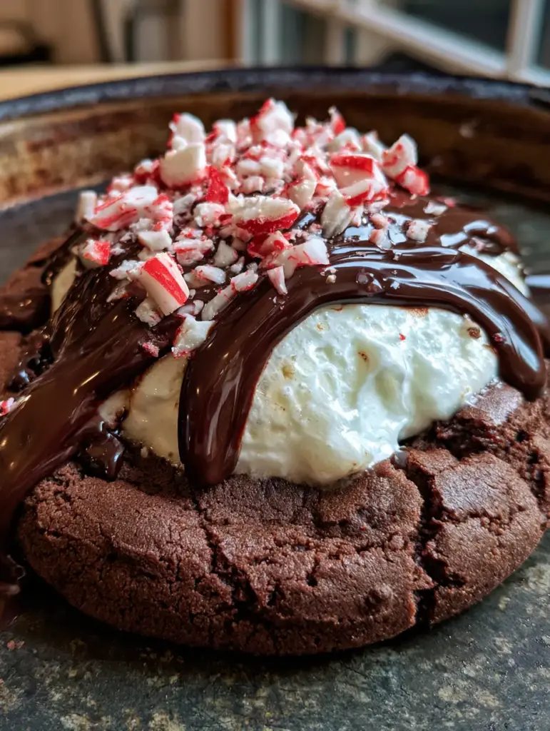 Close-up of a soft-baked Peppermint Hot Chocolate Cookie with a melted marshmallow and glossy chocolate drizzle.