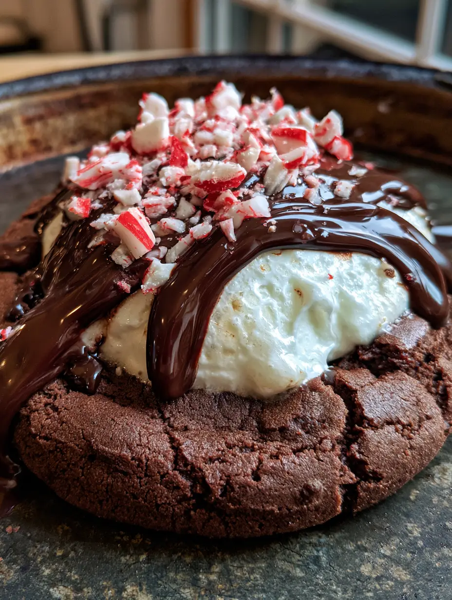 Close-up of a soft-baked Peppermint Hot Chocolate Cookie with a melted marshmallow and glossy chocolate drizzle.