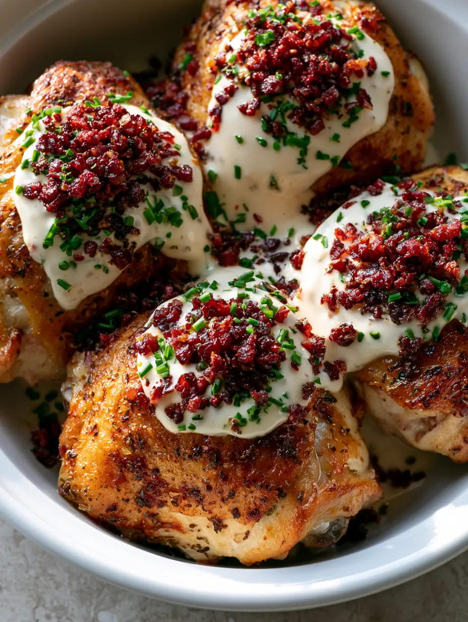 Close-up of golden-brown Ranch Chicken Thighs showing the textured herb seasoning and crispy skin. (Ranch Chicken Thighs)