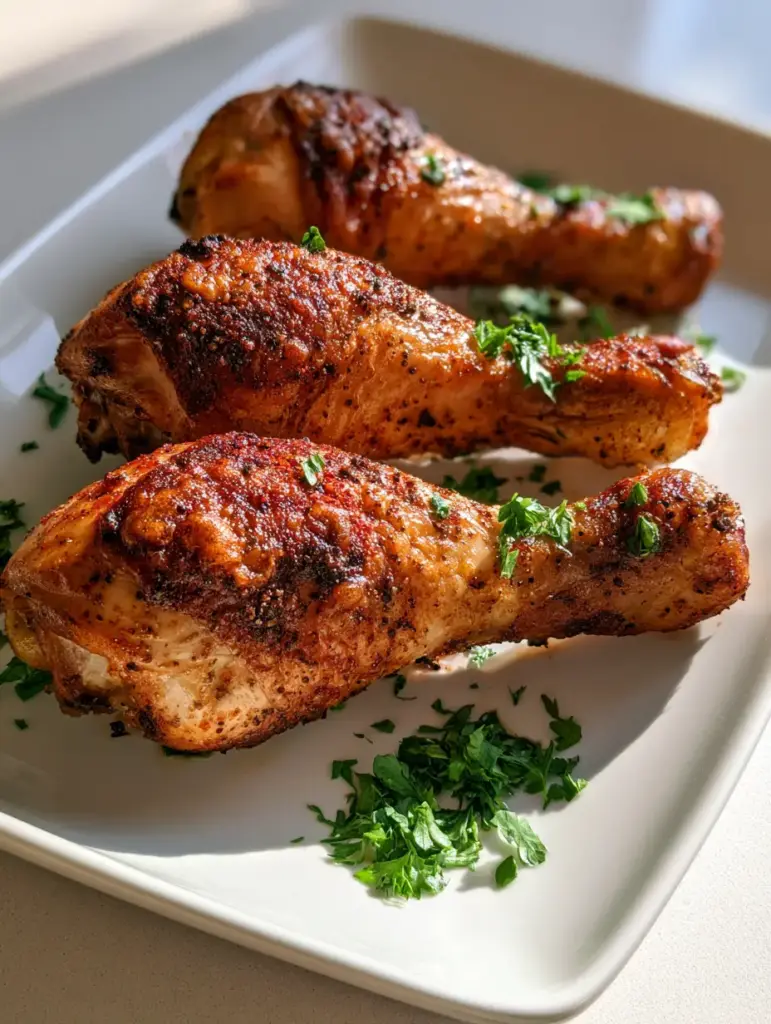 Crispy Oven-Baked Chicken Drumsticks with Golden Skin 1 Crispy Oven-Baked Chicken Drumsticks garnished with fresh parsley on a white rectangular ceramic plate.