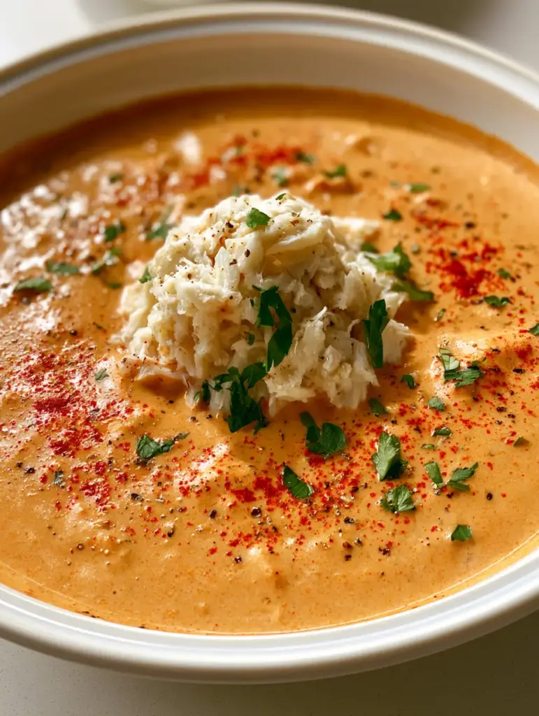 Silky smooth orange crab bisque base topped with moist tender lump crab meat and fresh herbs.