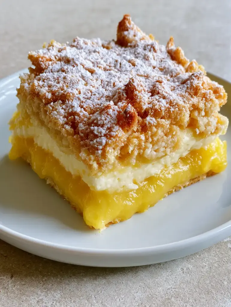 A side view of the Lemon Cream Cheese Dump Cake showing the smooth white cream cheese layer sandwiched between lemon and golden cake mix crumble.
