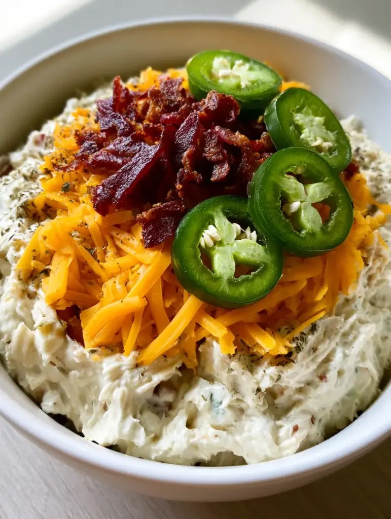 A ceramic bowl of Jalapeno Popper Chicken Salad on a wooden table in soft natural light.