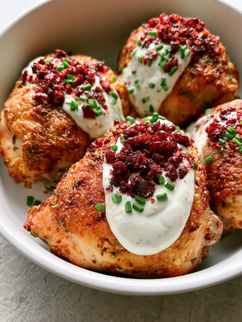 Handheld photo of Ranch Chicken Thighs drizzled with creamy ranch and topped with fresh chives and bacon.