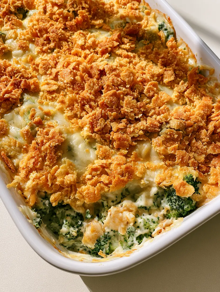 A top-down angled view of a white rectangular ceramic casserole dish filled with Chicken Broccoli Casserole featuring bubbly mozzarella and golden crumbs.