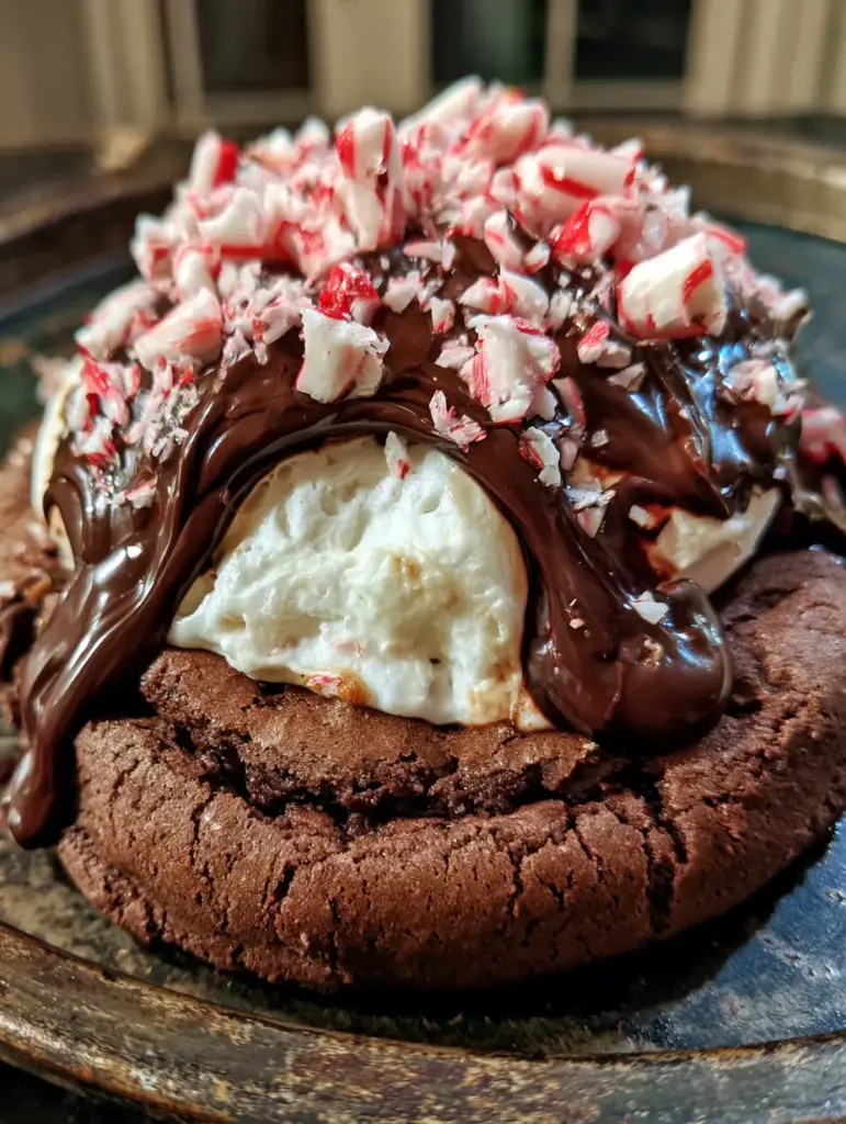 Thick chocolate cookie with a large puffy marshmallow and crushed peppermint candy canes, smartphone photo style.