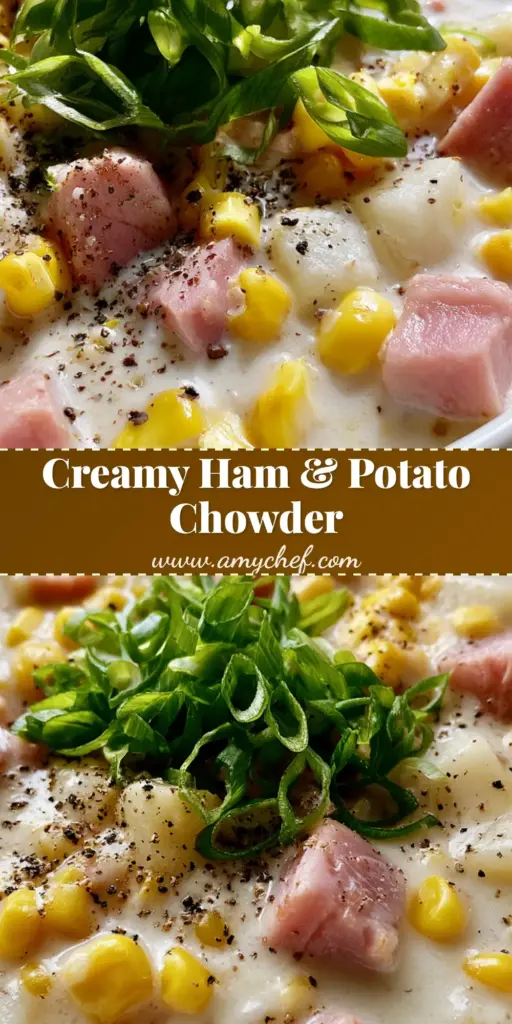 Ham and Potato Corn Chowder: The Ultimate Creamy Comfort Food 3 A top-down view of Ham and Potato Corn Chowder in a white bowl showing pink ham, yellow corn, and green scallions.