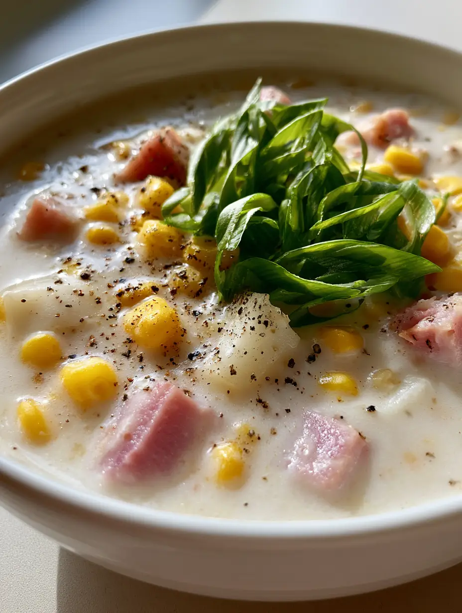 Ham and Potato Corn Chowder: The Ultimate Creamy Comfort Food 4 Close-up of creamy white broth with cubed pink ham and sweet yellow corn kernels in a white bowl. (Ham and Potato Corn Chowder)