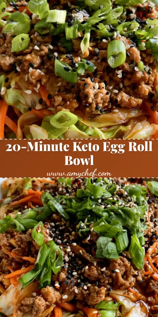 A top-down smartphone photo of Egg Roll in a Bowl with browned ground pork, shredded cabbage, and carrots, garnished with sesame seeds and green onions in a white bowl.