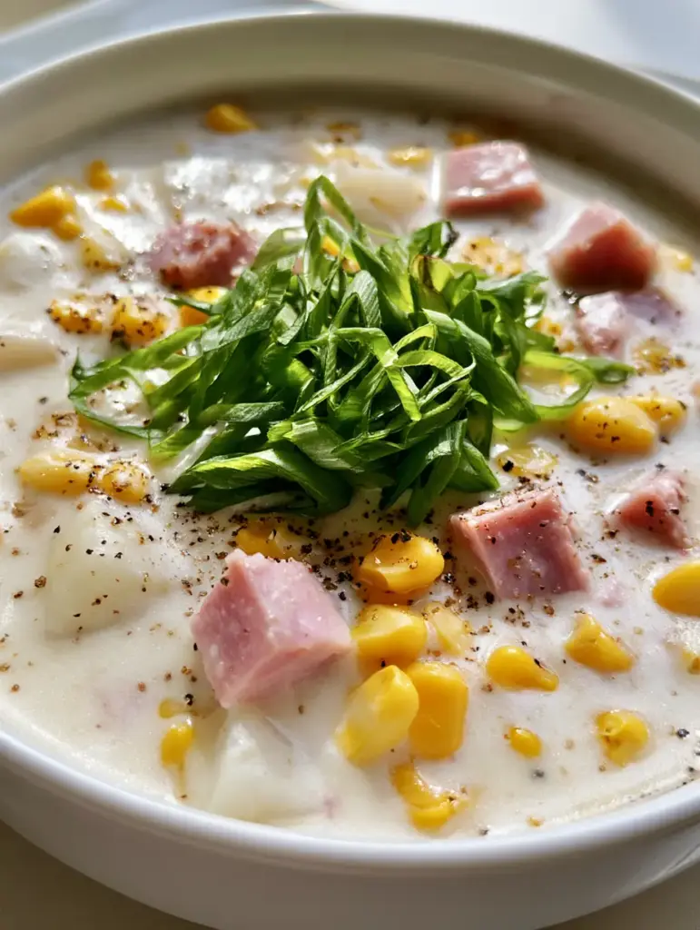 Ham and Potato Corn Chowder: The Ultimate Creamy Comfort Food 1 Side view of a white ceramic bowl filled with Ham and Potato Corn Chowder topped with sliced green scallions.