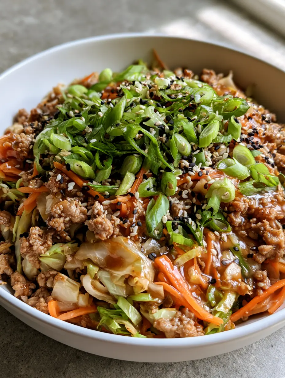 Close up of savory Egg Roll in a Bowl featuring glistening pork crumbles and wilted cabbage in a white ceramic bowl.