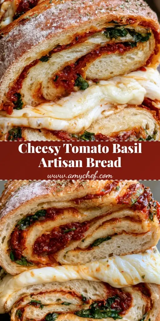A vertical photo of Sun-Dried Tomato Basil Bread featuring a flour-dusted crust and a melted mozzarella cheese pull.