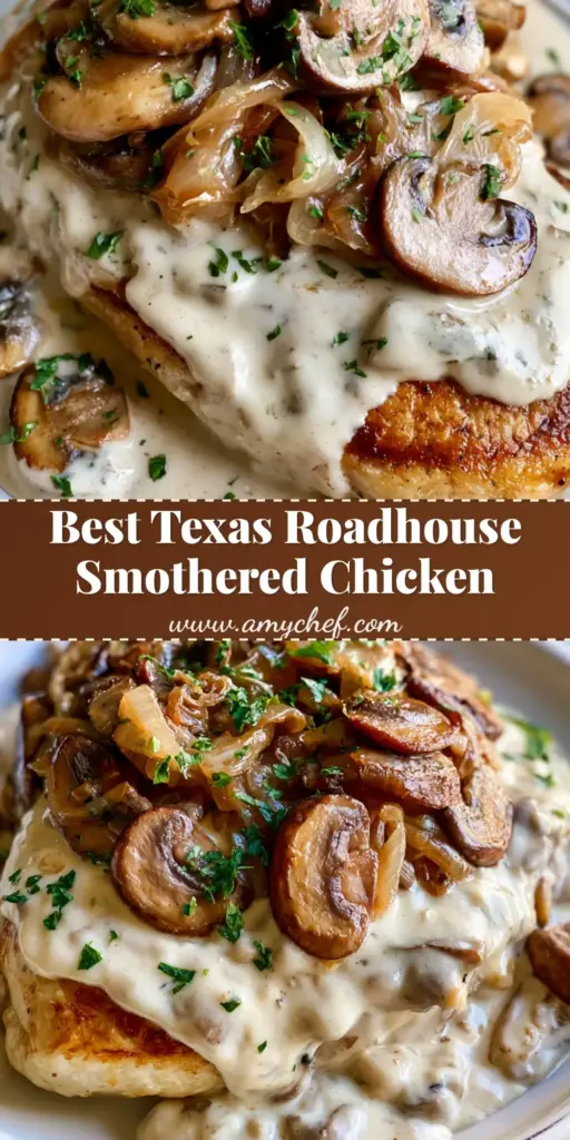 A handheld smartphone photo of a golden seared chicken breast base, completely smothered in a thick layer of velvety white cream gravy, topped with mushrooms and onions on a white ceramic plate. (Texas Roadhouse Smothered Chicken)