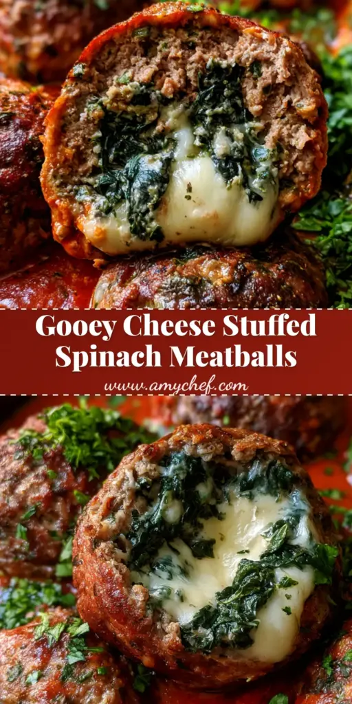 A close-up shot of Spinach and Cheese Stuffed Meatballs in a skillet, one sliced open to show melted mozzarella and spinach.