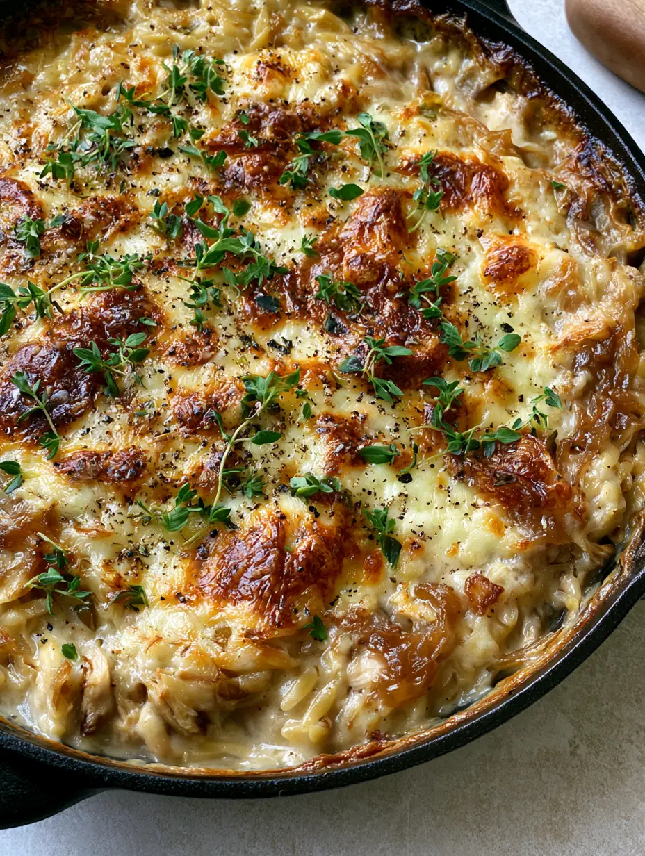 Close-up of creamy orzo pasta mixed with shredded chicken and deeply caramelized onions in a black skillet.