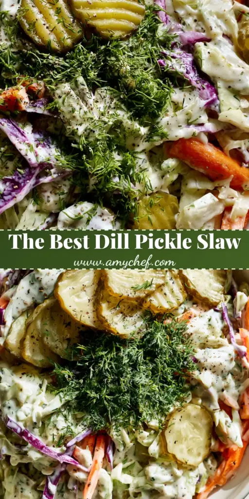 A tall, vertical Pinterest pin showing a white bowl of creamy Dill Pickle Coleslaw with crinkle-cut pickles and fresh dill garnish.