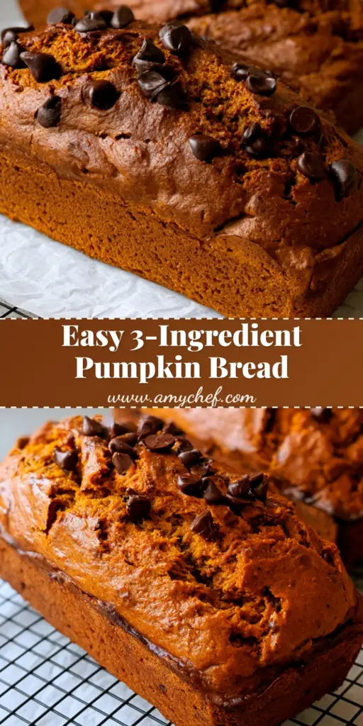 A Pinterest-style vertical shot of 3-Ingredient Pumpkin Bread featuring a moist spice cake crumb and chocolate chips on a cooling rack.