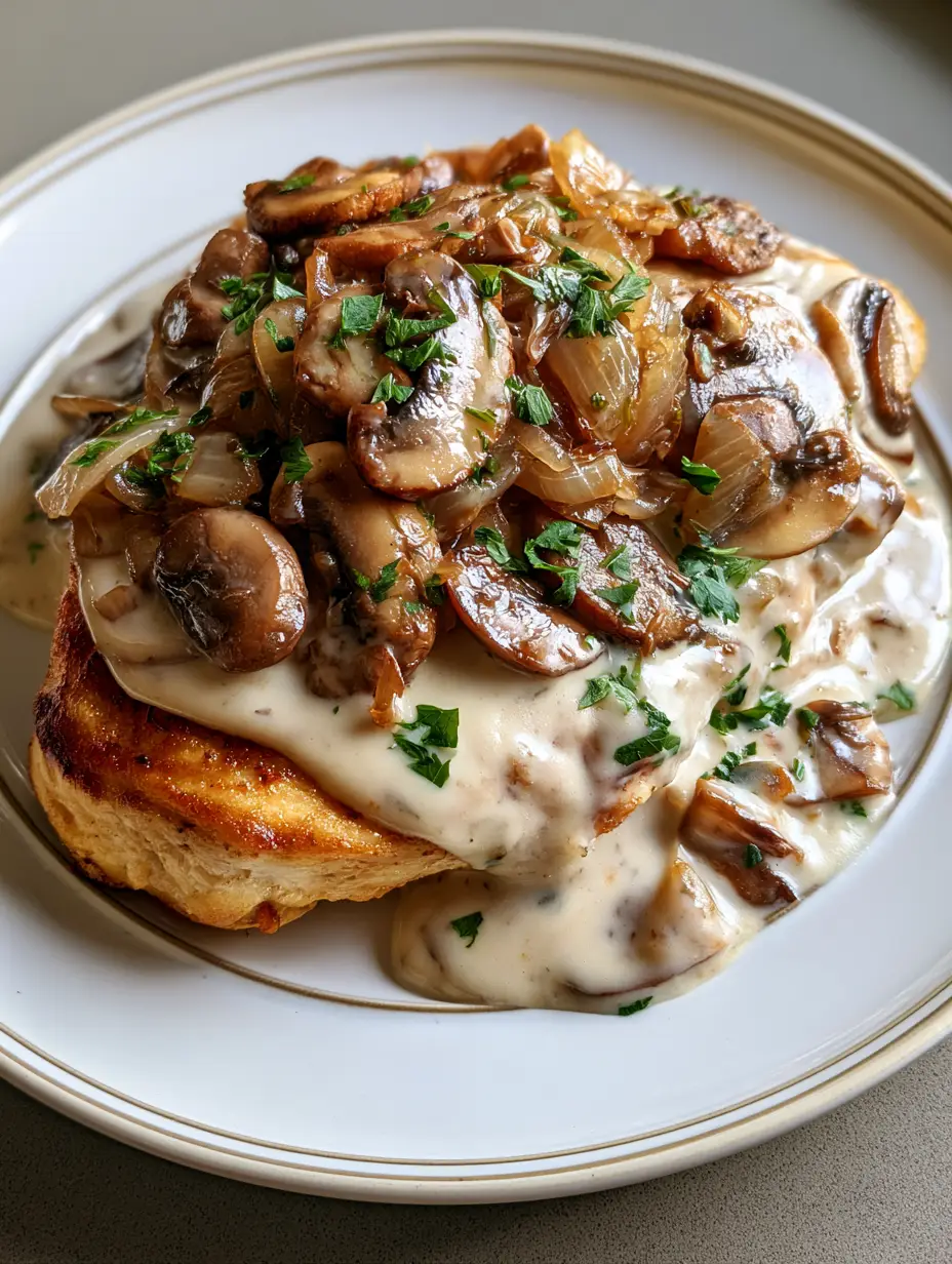 Close-up of golden seared chicken breast smothered in white cream gravy with sautéed mushrooms. (Texas Roadhouse Smothered Chicken)