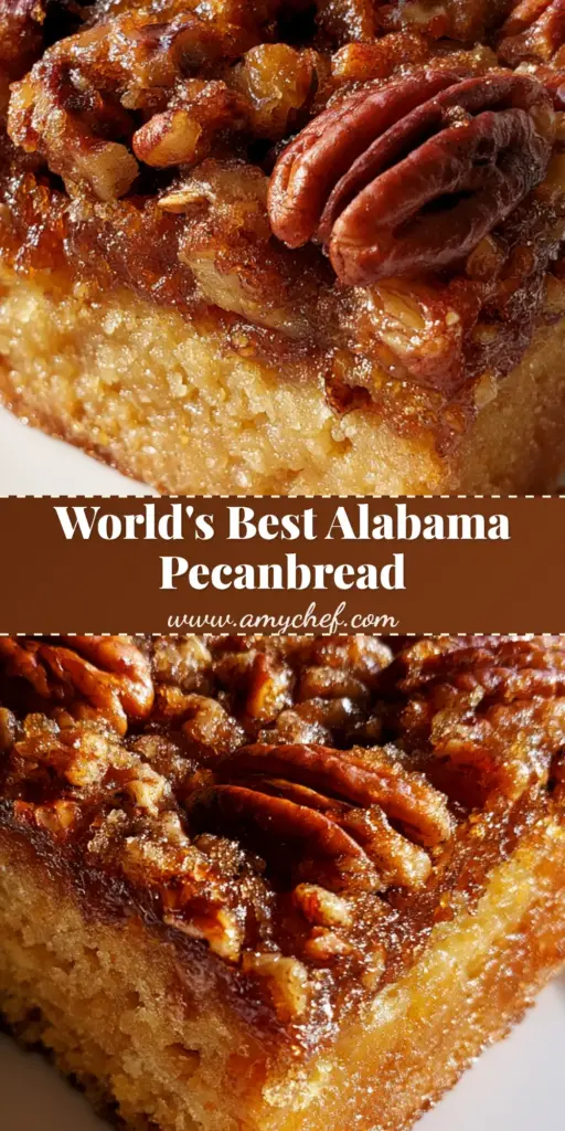 Alabama Pecanbread: The Ultimate Moist Southern Cake Recipe 4 A thick square slice of Alabama Pecanbread on a white plate showing a dense golden cake base and caramelized brown sugar crust with whole pecans.