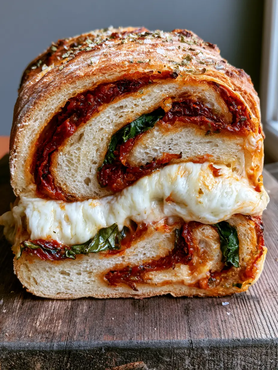 Smartphone photo of a sliced loaf of Sun-Dried Tomato Basil Bread showing internal pesto swirls and melted cheese.