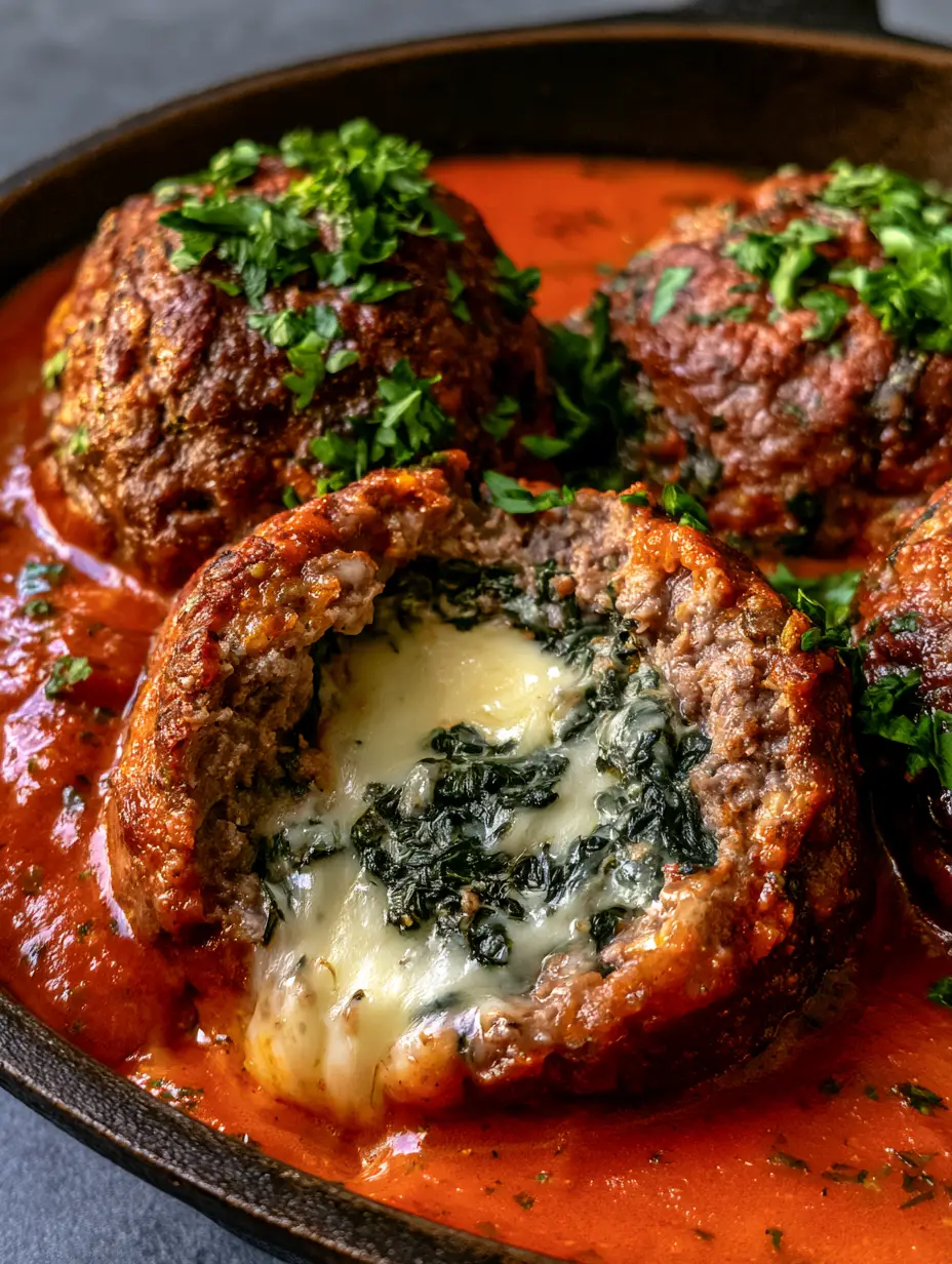 High-angle shot of Spinach and Cheese Stuffed Meatballs in a dark rustic skillet with glossy marinara sauce.