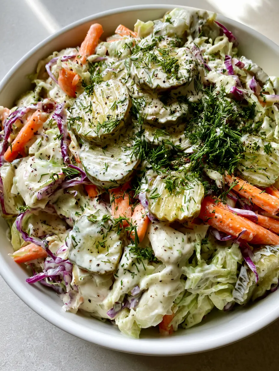 Top-down shot of Dill Pickle Coleslaw in a white ceramic bowl featuring green and purple cabbage and crinkle-cut pickles.