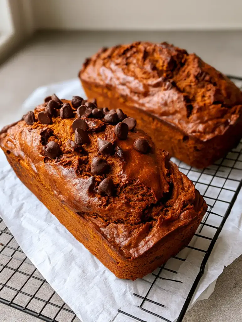 A handheld smartphone photo showing two loaves of 3-Ingredient Pumpkin Bread with deep orange-brown craggy tops on white parchment paper.