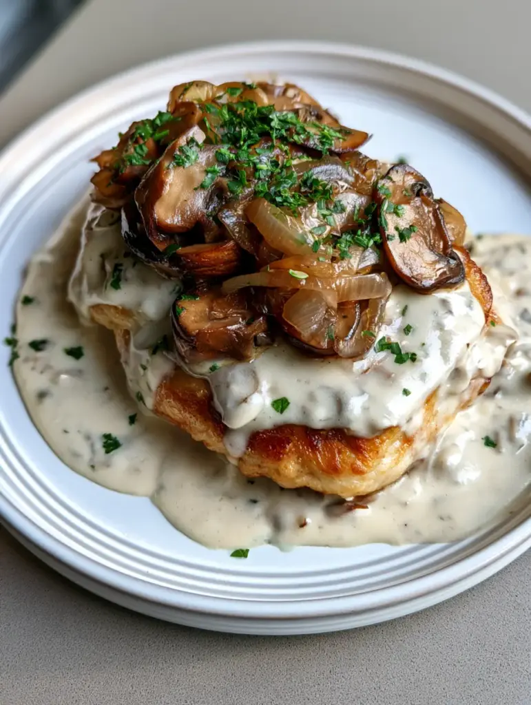 Translucent caramelized onions and brown sautéed mushrooms topping a smothered chicken breast.