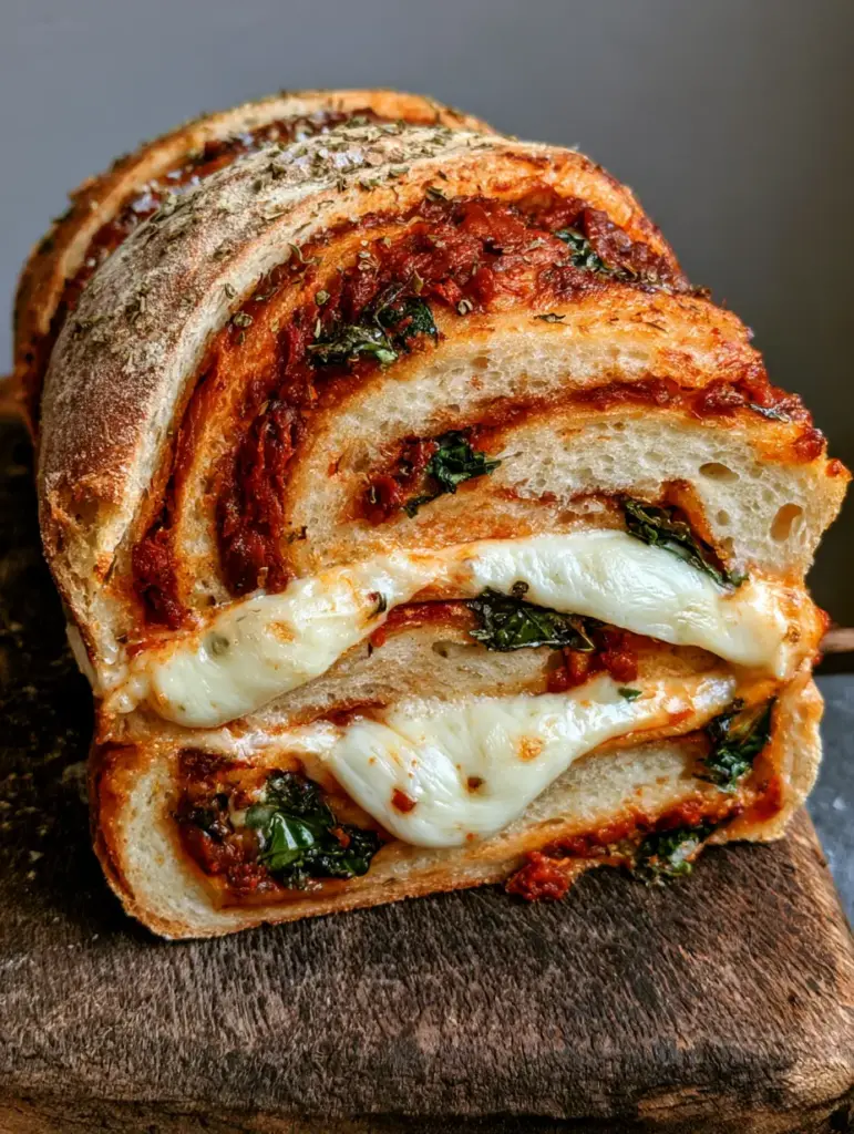 Close-up of stretchy mozzarella cheese oozing from the soft crumb of Sun-Dried Tomato Basil Bread.