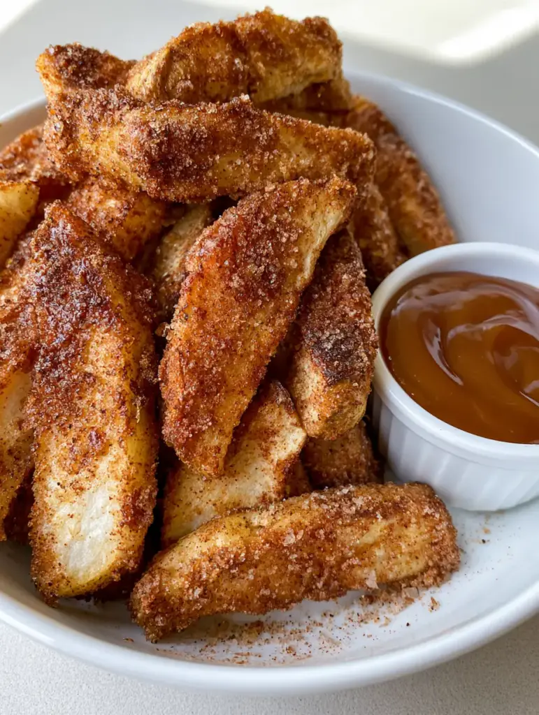 Close up of textured golden-brown cinnamon sugar breading on Air Fryer Apple Fries.