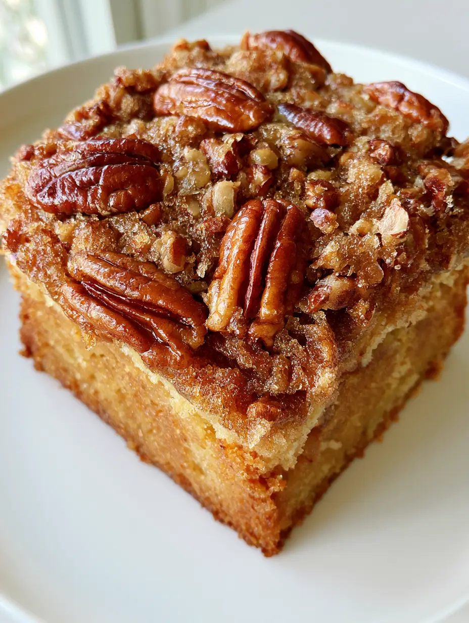 Alabama Pecanbread: The Ultimate Moist Southern Cake Recipe 3 A handheld smartphone photo of a square slice of Alabama Pecanbread showing the moist buttery crumb and glossy roasted pecans.