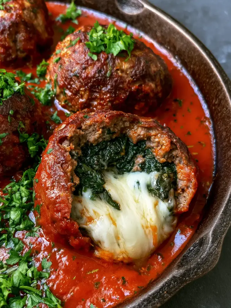 Close-up of a Spinach and Cheese Stuffed Meatball sliced open revealing the gooey mozzarella and spinach center.