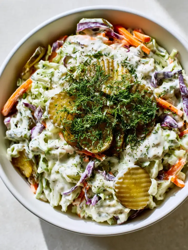 Close up of the glossy white dressing and fresh dill garnish on Dill Pickle Coleslaw.