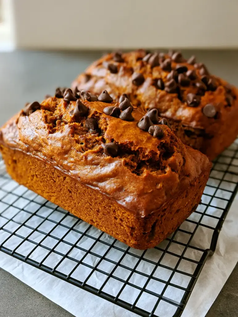 Close up shot of the moist, dense texture of 3-Ingredient Pumpkin Bread with semi-sweet chocolate chips visible on the crust.